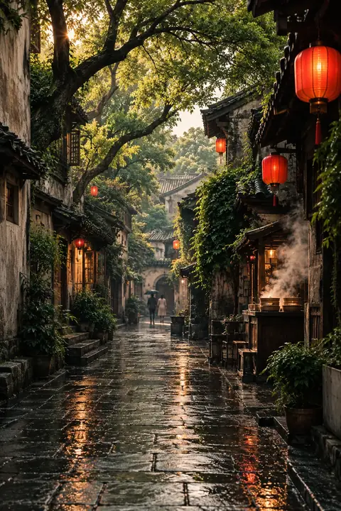 A rainy old-town lane in China, with red lanterns and steam rising from a bun stall.