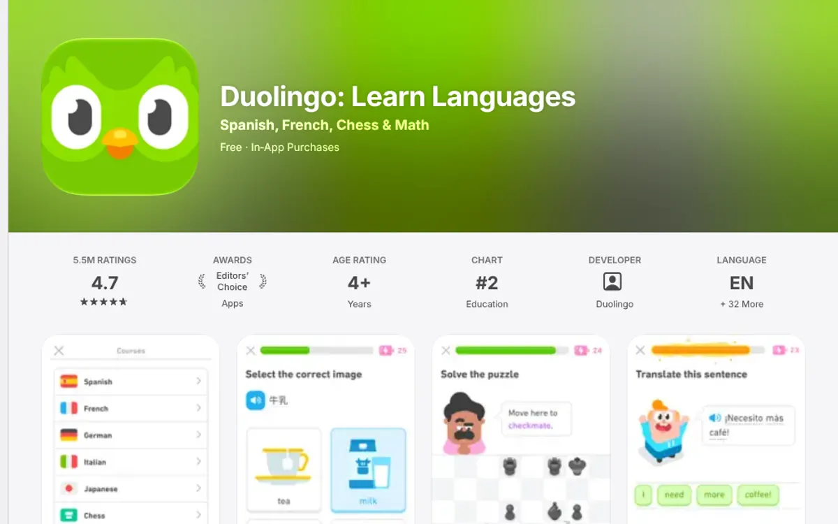 Duolingo’s App Store listing with screenshots of its lessons
