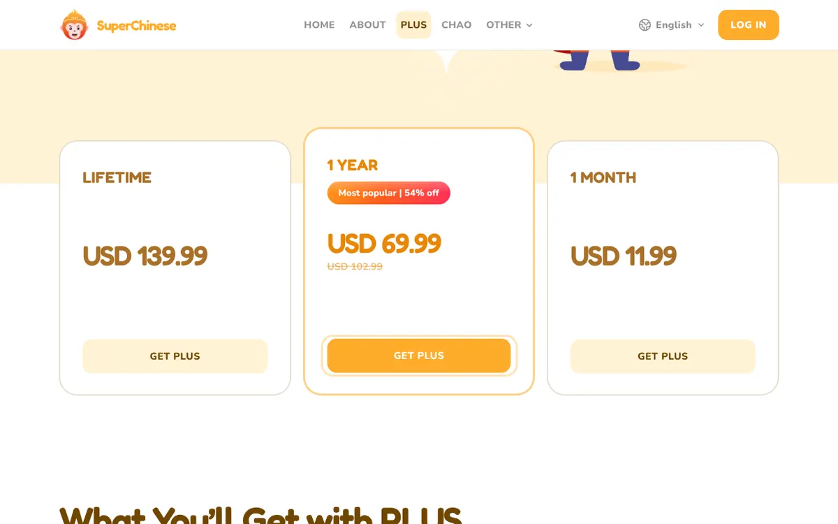 SuperChinese’s PLUS page with its plans and what Free includes