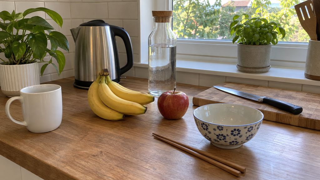 A kitchen counter with a mug, a kettle, bananas, an apple, a bowl and chopsticks
